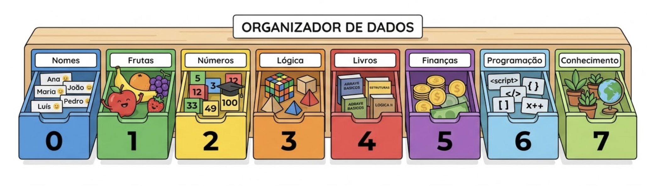 Ilustração didática e levemente bem-humorada de uma caixa organizadora com várias gavetas numeradas de 0 em diante, cada gaveta guardando itens diferentes como nomes, frutas e números, estilo clean para slide educacional, cores vivas, composição horizontal