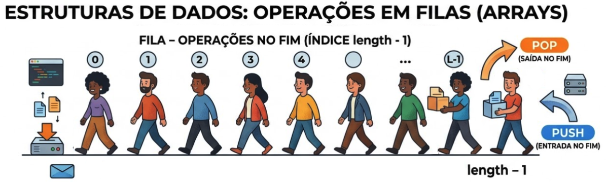 Ilustração didática de uma fila de pessoas entrando, representando os métodos push e pop, onde push adiciona uma pessoa no final da fila e pop remove a última pessoa, estilo infográfico para aula de programação, cores vivas, composição horizontal