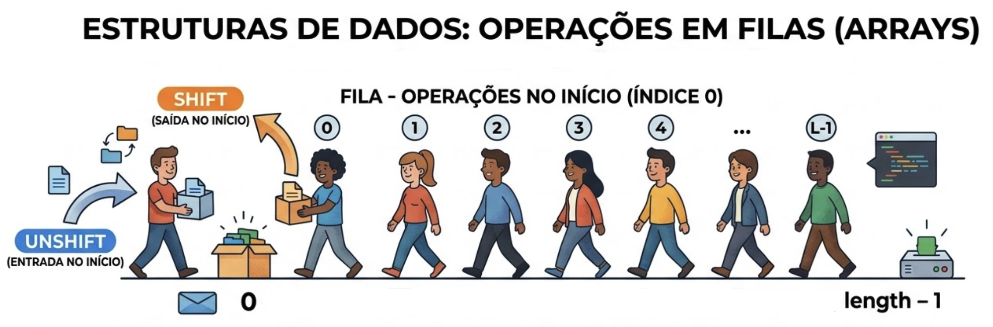 Ilustração didática de uma fila de pessoas entrando, representando os métodos unshift e shift, onde unshift adiciona uma pessoa no início da fila e shift remove a primeira pessoa, estilo infográfico para aula de programação, cores vivas, composição horizontal