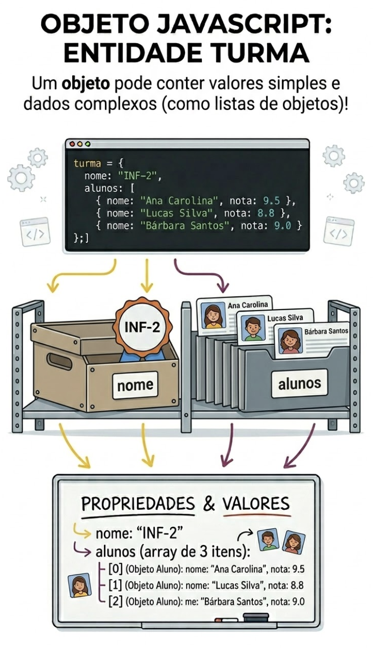 Prompt de IA: diagrama didático mostrando um objeto chamado turma contendo uma etiqueta nome e uma gaveta interna com vários alunos, estilo infográfico simples e amigável para slide educacional