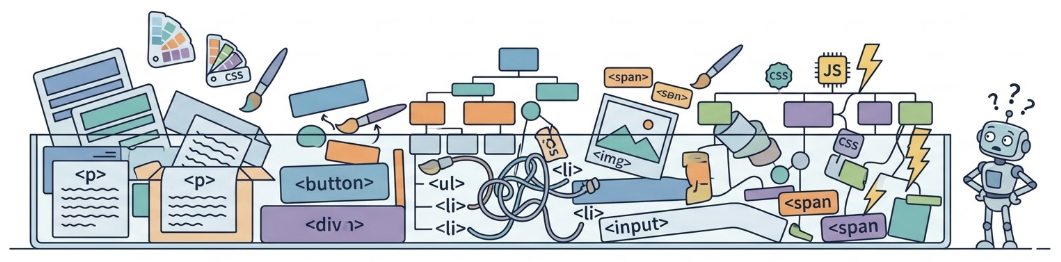 Ilustração didática e levemente bem-humorada de um quadro de controle cheio de botões, cartões e etiquetas sendo reorganizados por uma mão invisível, representando o DOM sendo manipulado em tempo real, composição horizontal para slide educacional